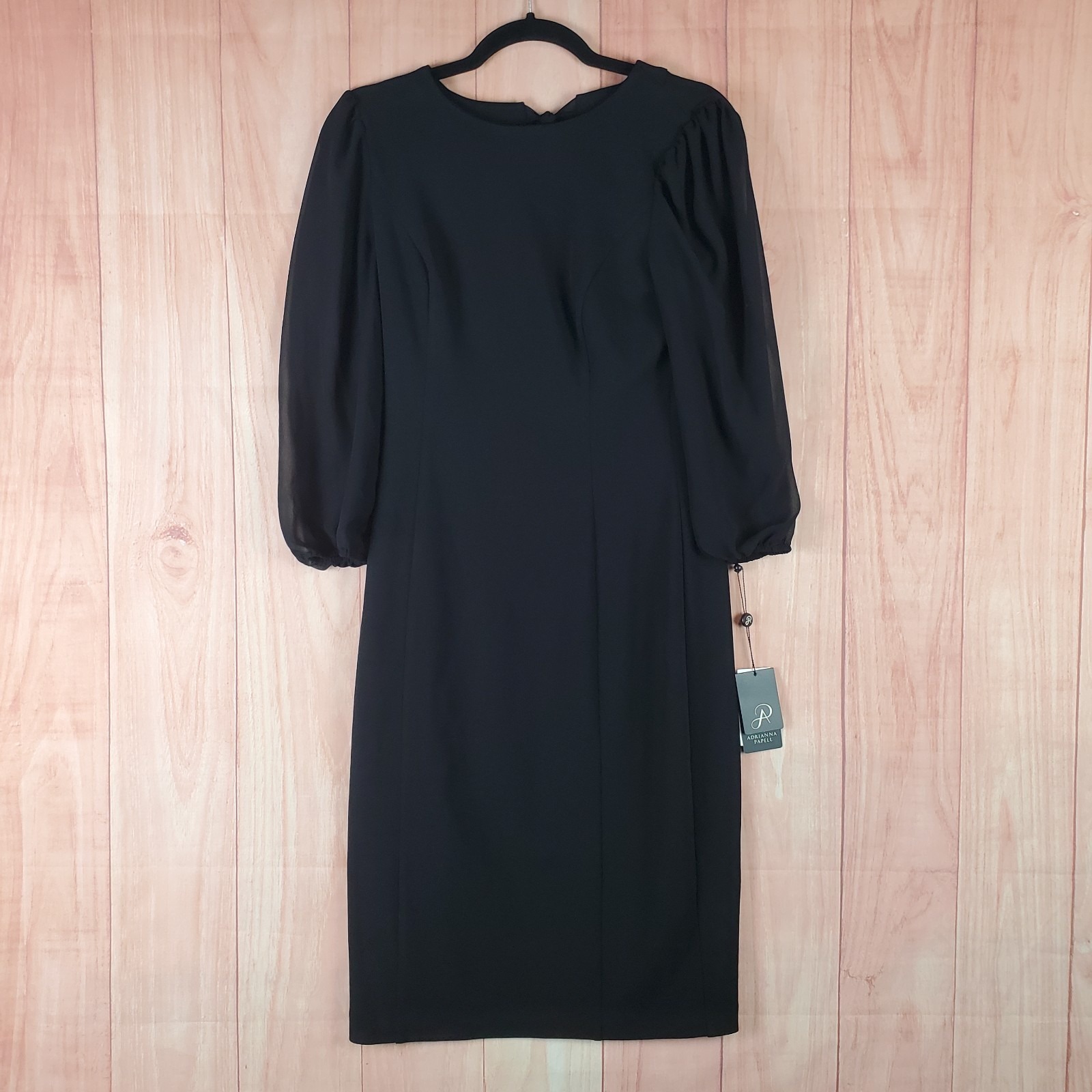 Adrianna Papell Chiffon & Crepe Sheath Dress Womens 4 Black Pleated Back Zip